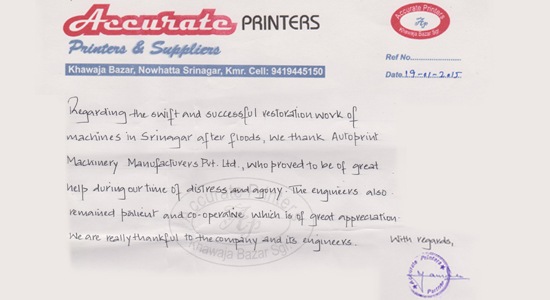 Accurate Printers - Appreciation Letter